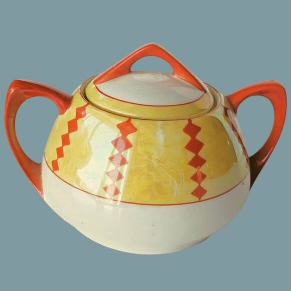 Vintage 1960s Hand Painted Geometric Orange and Yellow Sugar Bowl by Meito Japan - Picture 1 of 5